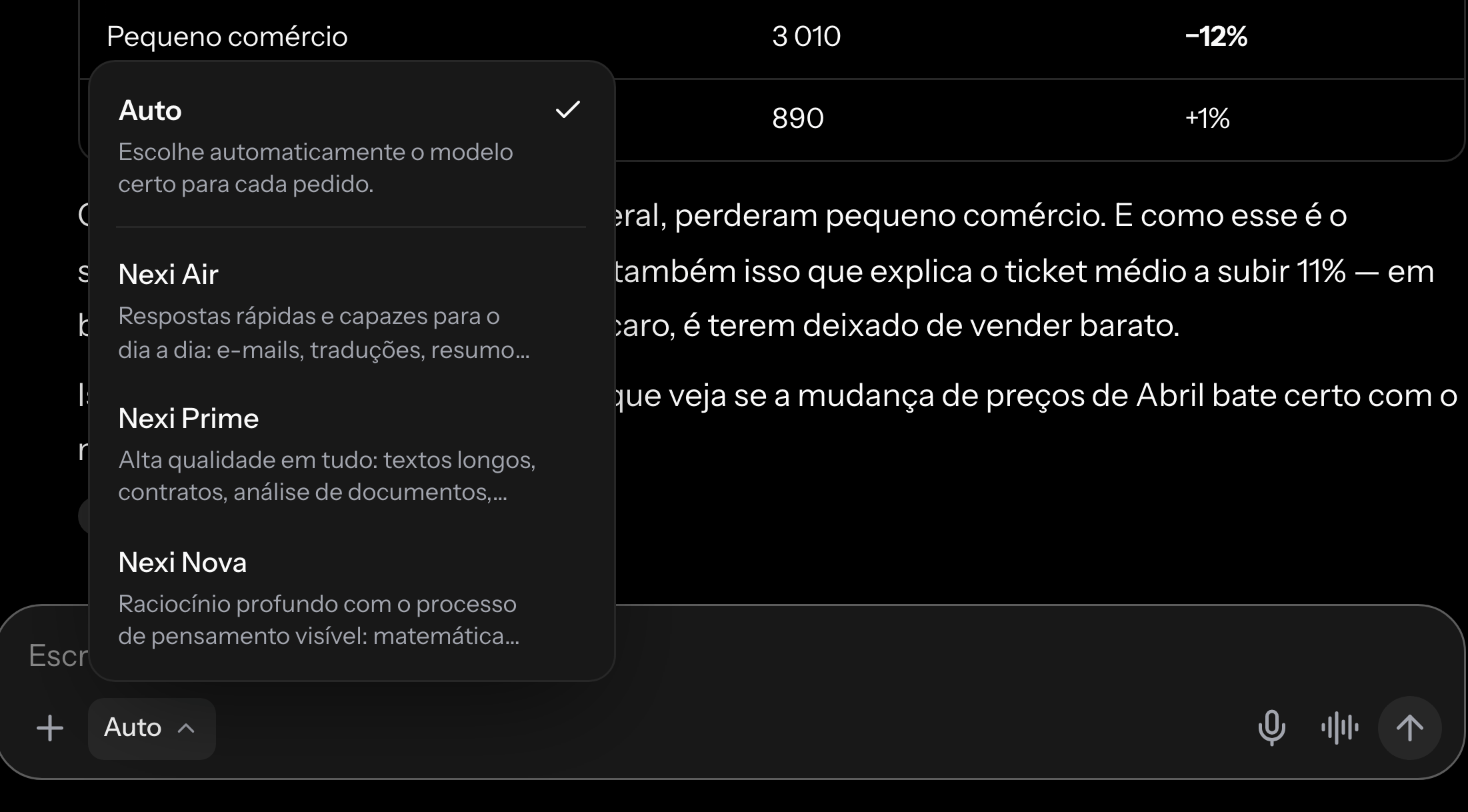 O seletor de modelo aberto dentro de uma conversa, com Auto, Nexi Air, Nexi Prime e Nexi Nova, cada um com uma linha a dizer para que serve.