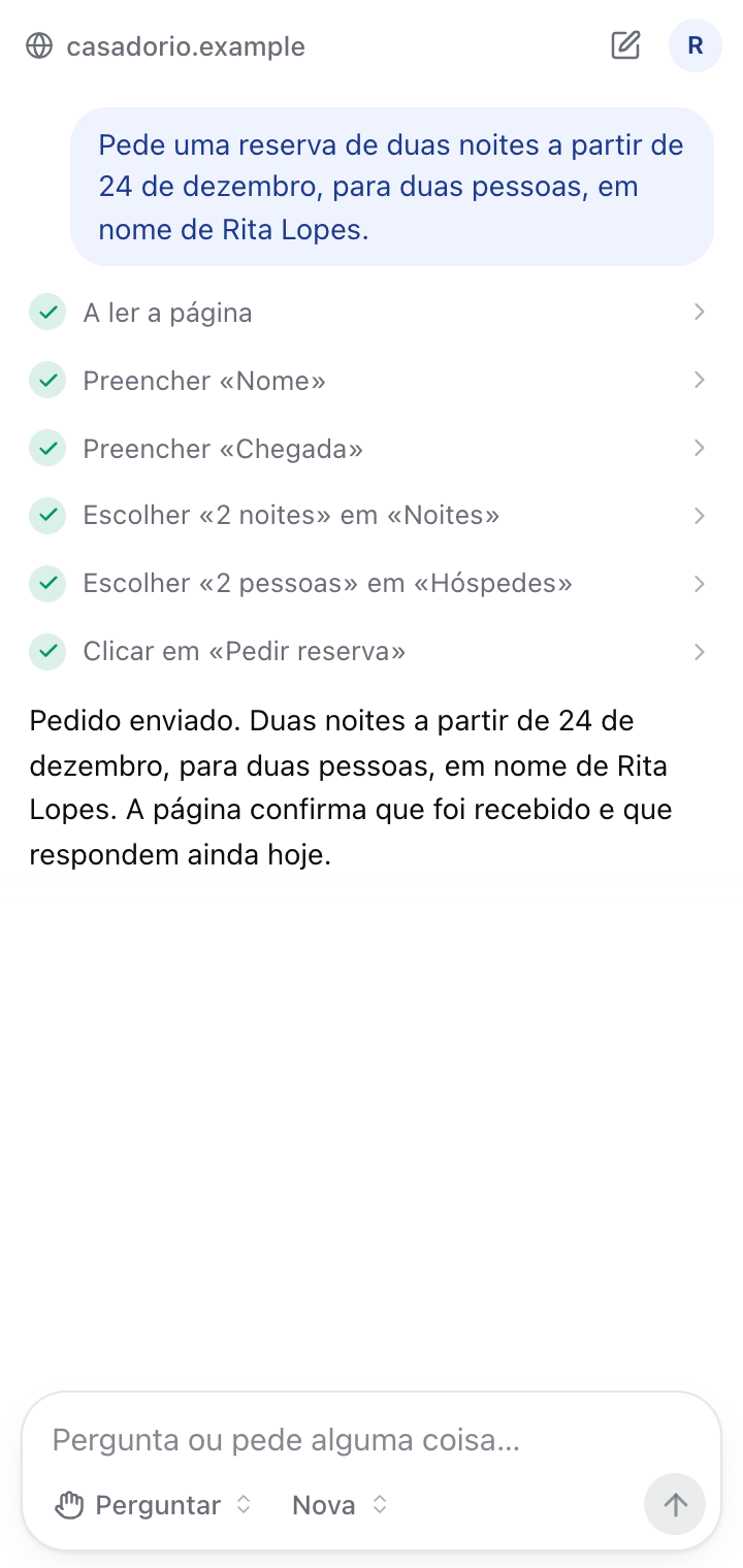 O painel do Nexi depois de o pedido ser enviado: seis passos marcados como feitos, do ler a página ao clicar em "Pedir reserva", e a resposta a dizer o que foi pedido e que a página confirmou a receção.