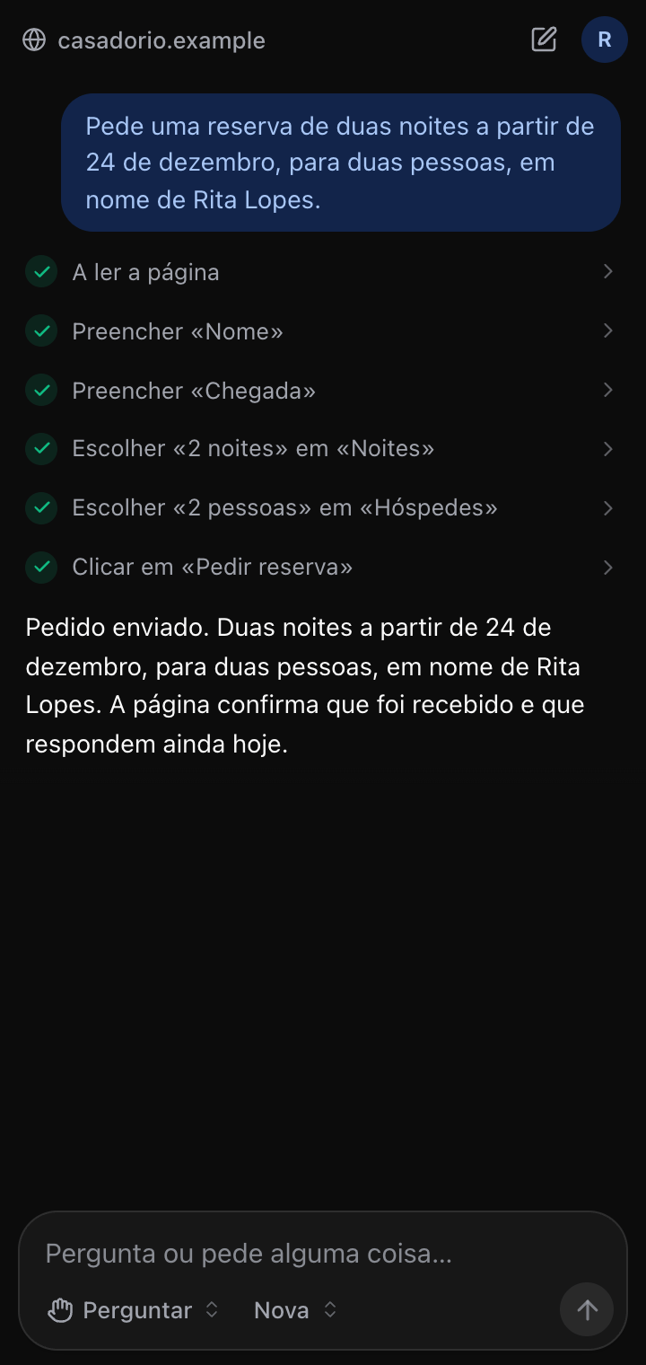 O painel do Nexi depois de o pedido ser enviado: seis passos marcados como feitos, do ler a página ao clicar em "Pedir reserva", e a resposta a dizer o que foi pedido e que a página confirmou a receção.
