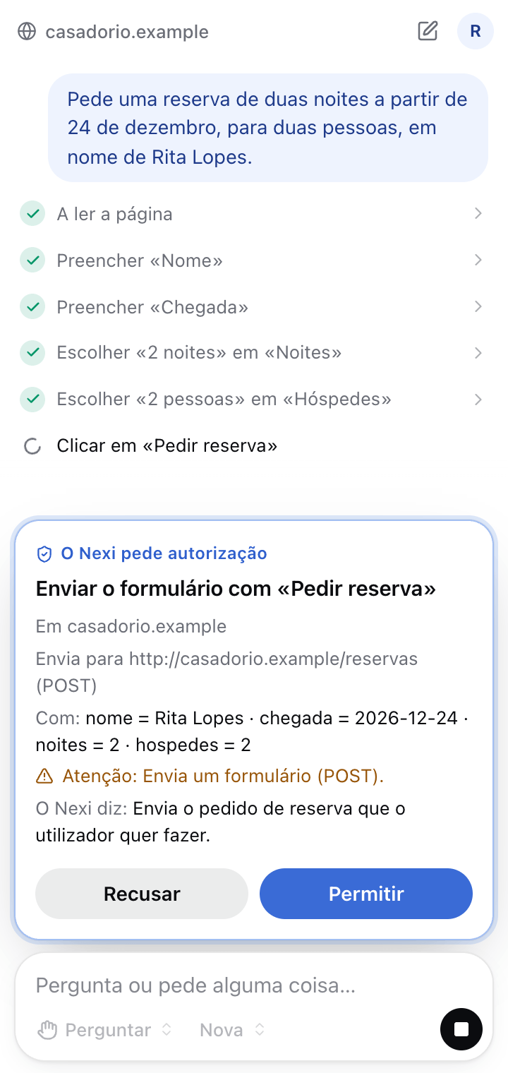 O painel do Nexi no Chrome. Por baixo do pedido, os passos já dados: ler a página, preencher o nome e a chegada, escolher as noites e os hóspedes. Um cartão pede autorização para enviar o formulário e mostra para onde vai e com que dados, com os botões Recusar e Permitir.