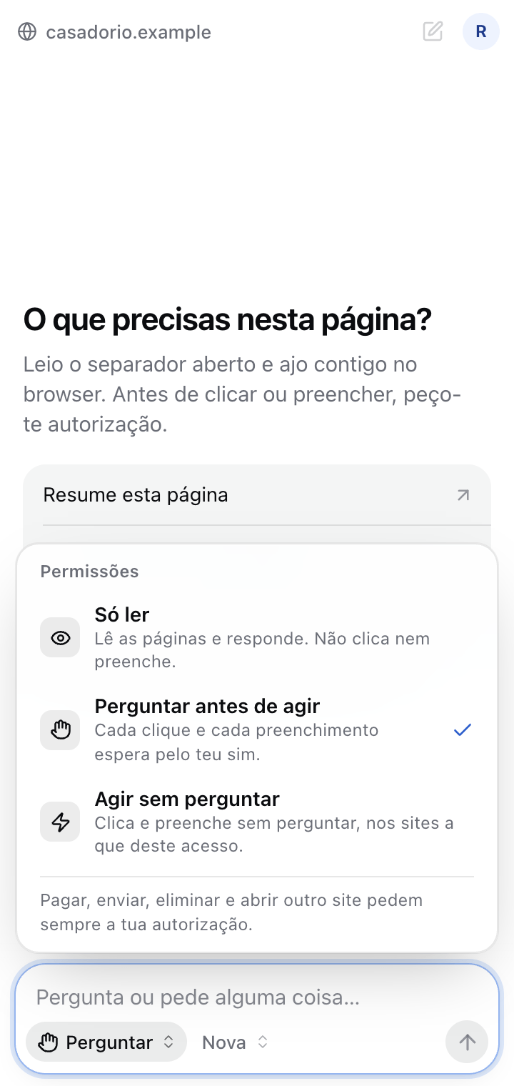 O seletor de permissões do painel aberto, com três modos: só ler, perguntar antes de agir e agir sem perguntar. Por baixo, a nota de que pagar, enviar, eliminar e abrir outro site pedem sempre autorização.