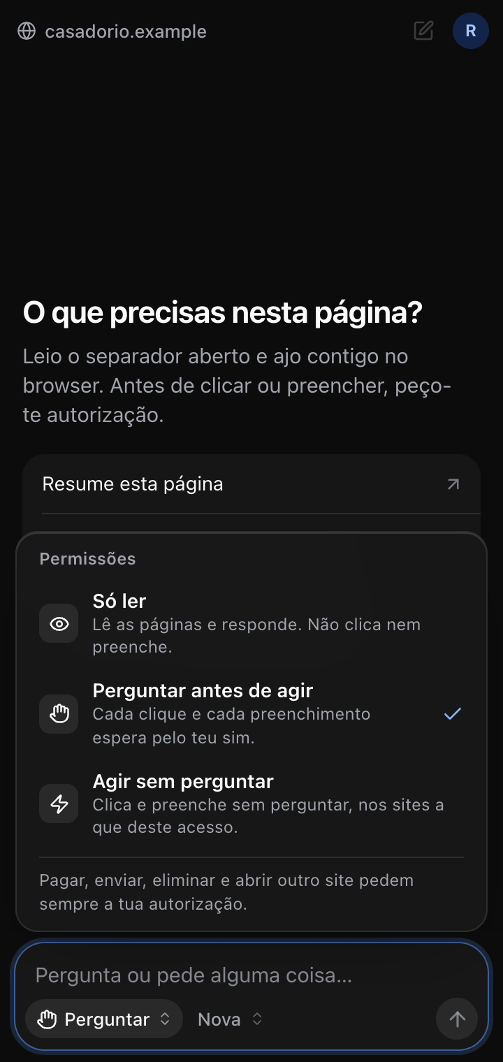 O seletor de permissões do painel aberto, com três modos: só ler, perguntar antes de agir e agir sem perguntar. Por baixo, a nota de que pagar, enviar, eliminar e abrir outro site pedem sempre autorização.