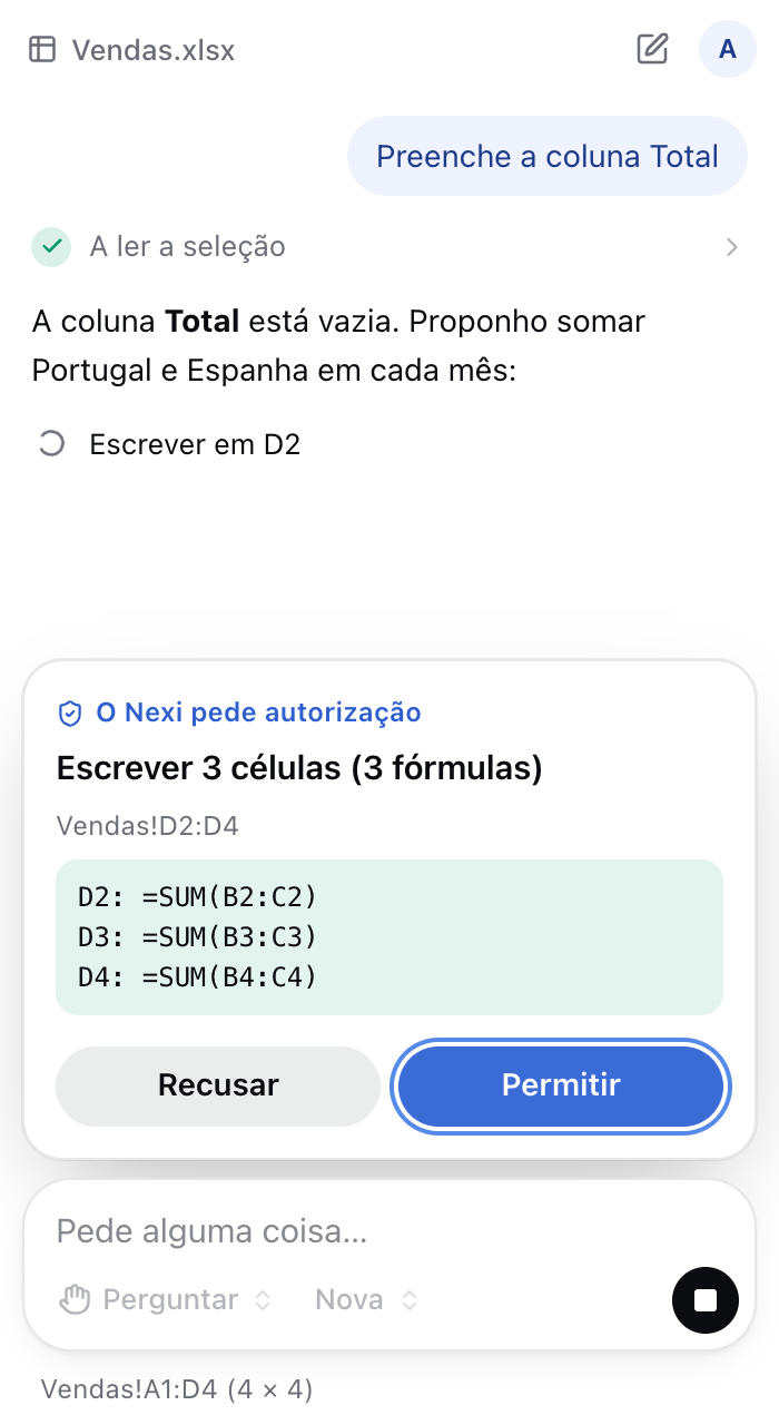 O painel do Nexi no Excel. Um cartão pede autorização para escrever numa coluna e mostra as fórmulas de soma que vai pôr em cada célula antes de o fazer.