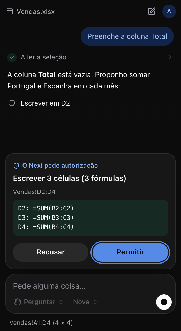 O painel do Nexi no Excel. Um cartão pede autorização para escrever numa coluna e mostra as fórmulas de soma que vai pôr em cada célula antes de o fazer.