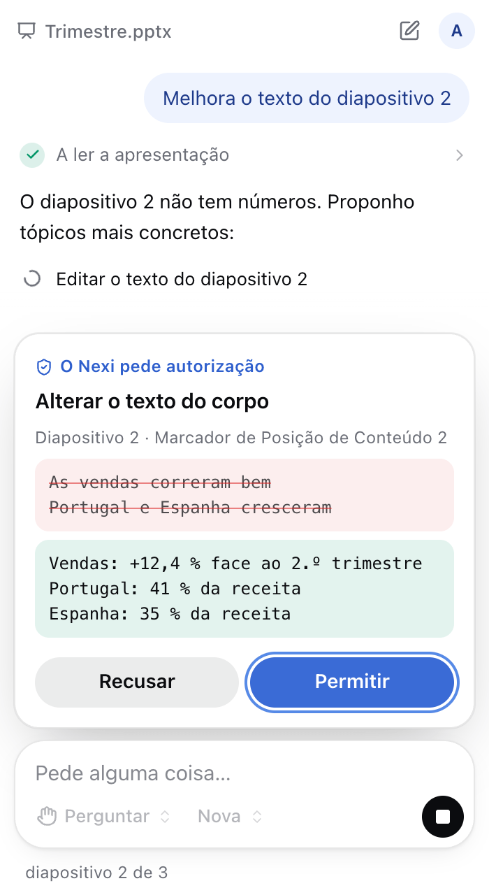 O painel do Nexi no PowerPoint. Um cartão pede autorização para mudar o texto de um diapositivo e mostra o texto que lá está e o que o vai substituir.
