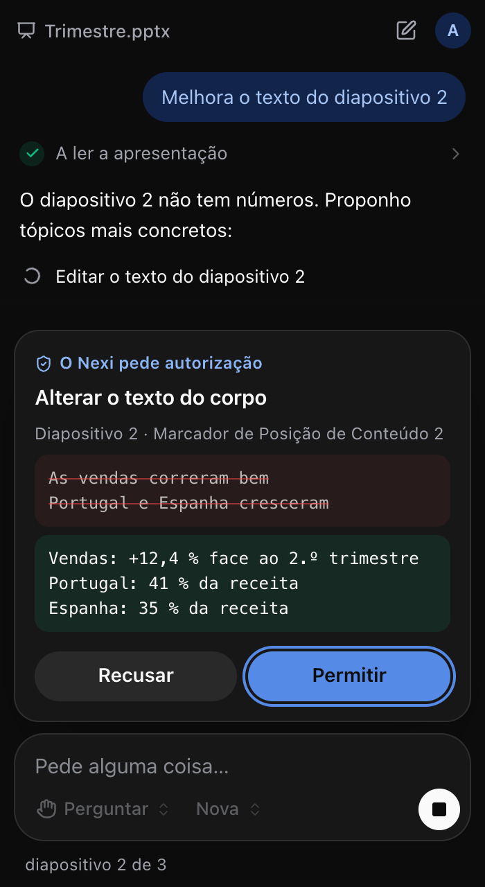 O painel do Nexi no PowerPoint. Um cartão pede autorização para mudar o texto de um diapositivo e mostra o texto que lá está e o que o vai substituir.